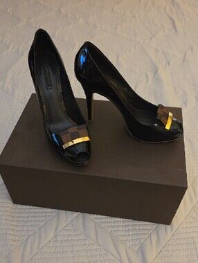 Louis Vuitton Dark Chocolate Patent Peep-Toe Pumps with Signature Canvas Bow
